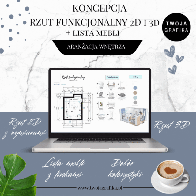 Koncepcja - Rzut 2D I 3D pomieszczenia + lista zakupowa